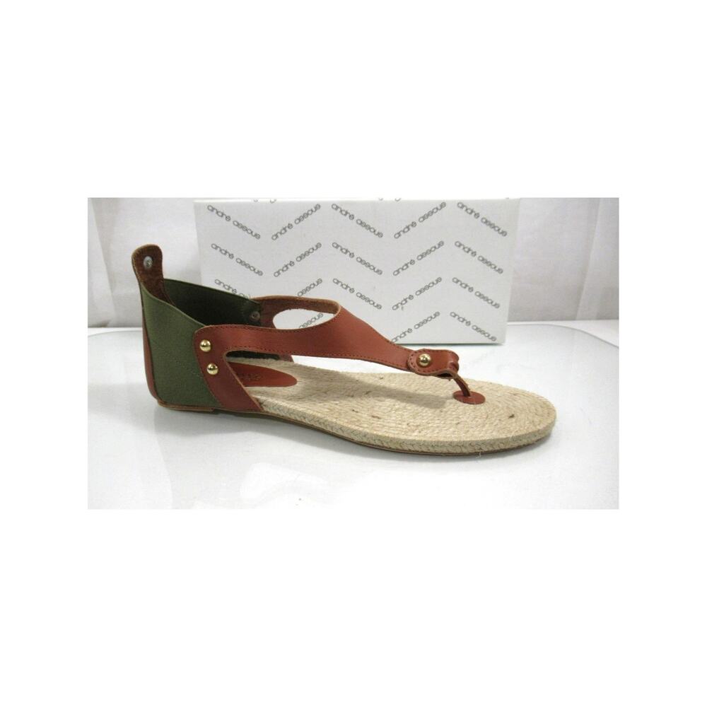Andre Assous Tresor T- Strap Flat Thong Sandals Leather Green / Cognac Size 10